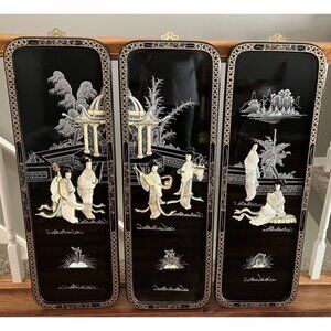Set Of 3 Asian Black Lacquer Mother Of Pearl Wall Art